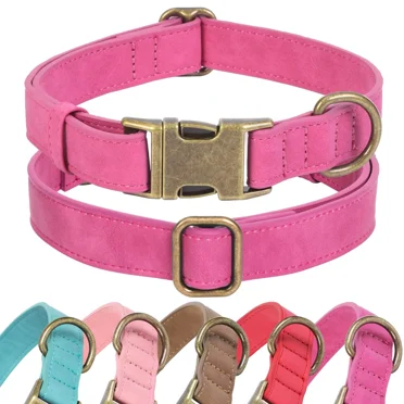 Jumpress Soft Leather Dog Collar with Quick Release Metal Buckle,Hot Pink Leather Dog Collar for Medium Dogs, M