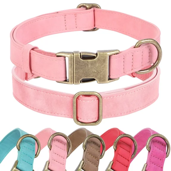 Jumpress Soft Leather Dog Collar with Quick Release Metal Buckle,Pink Leather Collar for Medium Dogs, M