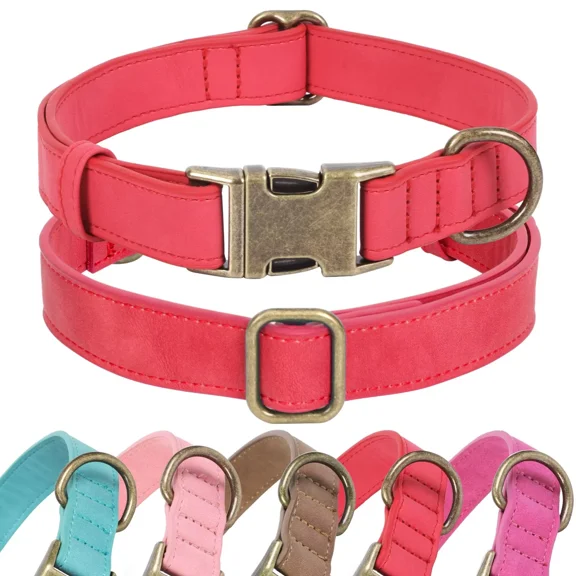 Jumpress Soft Leather Dog Collar with Quick Release Metal Buckle,Red Leather Collar for Small Dogs, S