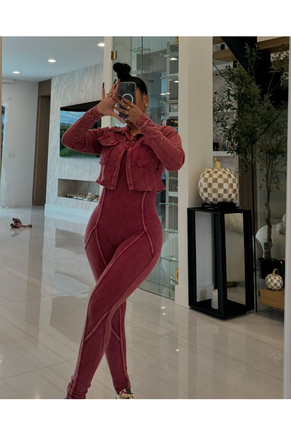 Jumpsuit Cropped Jacket Set (L, MaroonBrown)