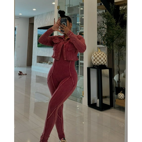 Jumpsuit Cropped Jacket Set (L, MaroonBrown)