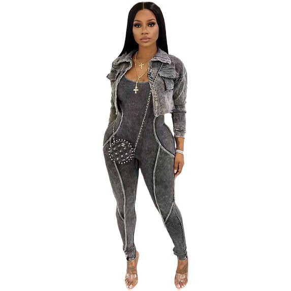 Jumpsuit Cropped Jacket Set (M, Black)