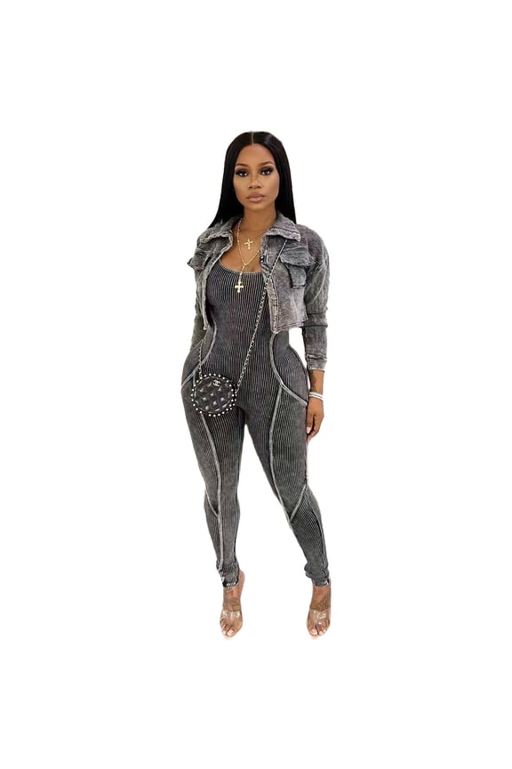 Jumpsuit Cropped Jacket Set (XL, Black)