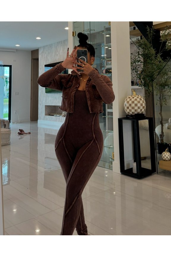 Jumpsuit Cropped Jacket Set (XL, Brown)