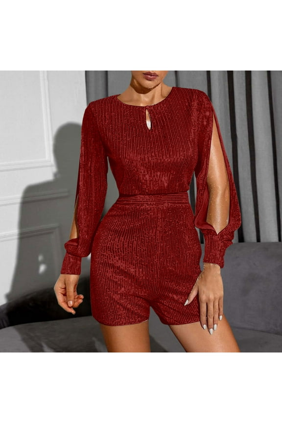 Jumpsuit Fashion Slim Long Sleeve Slit Sequin Jumpsuit Women Glitter Jumpsuits Wide Pants Jumpsuits for Women Long Sleeve Jumpsuits for Women Womens Strapless Jumpsuit Lace Overlay Misses Jumpsuits