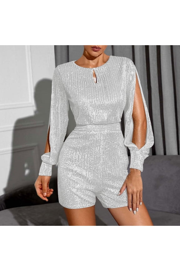 Jumpsuit Fashion Slim Long Sleeve Slit Sequin Jumpsuit Women Glitter Jumpsuits Wide Pants Jumpsuits for Women Long Sleeve Jumpsuits for Women Womens Strapless Jumpsuit Lace Overlay Misses Jumpsuits