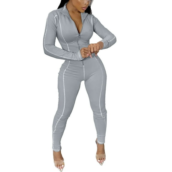 Jumpsuit For Women Fashion Casual Solid Color Long Sleeve Zipper Skinny Romper Jumpsuit