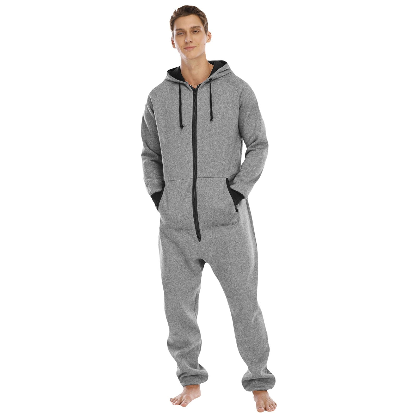 Jumpsuit for Men Mens Cotton Pajama Pants Zipper Solid Color Men