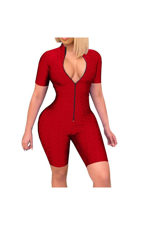 Jumpsuit Shorts for Women, Sleeveless Solid Color Zip Tight Jumpsuit, Breathable Fashion Sweat Romper