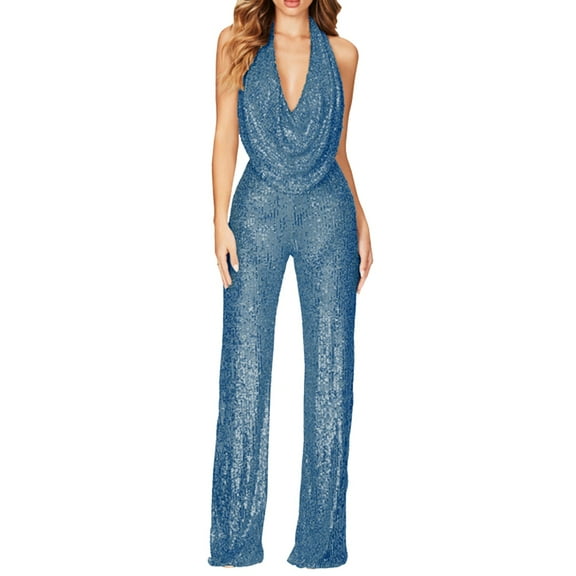 Jumpsuit Summer New European And American Jumpsuit Lady'S Sleeveless Halter Neck Sequin Pants Women,Blue Women'S Polyester Jumpsuit 2XL