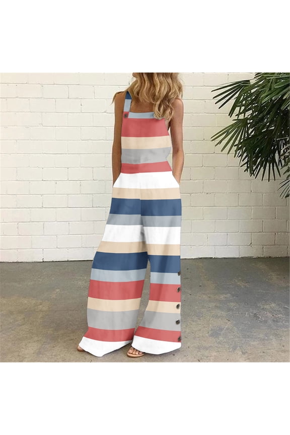 Jumpsuit Women Casual Loose Jumpsuit Pockets Baggy Bib Overalls Summer Beach Wide Leg Long Pants Romper Playsuit ,Blue Women'S Polyester Jumpsuit S