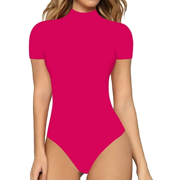 Jumpsuit Women Casual Sexy Soild Color Tight High Neck Short Sleeve Bodysuit,Pink Women'S Polyester Jumpsuit M