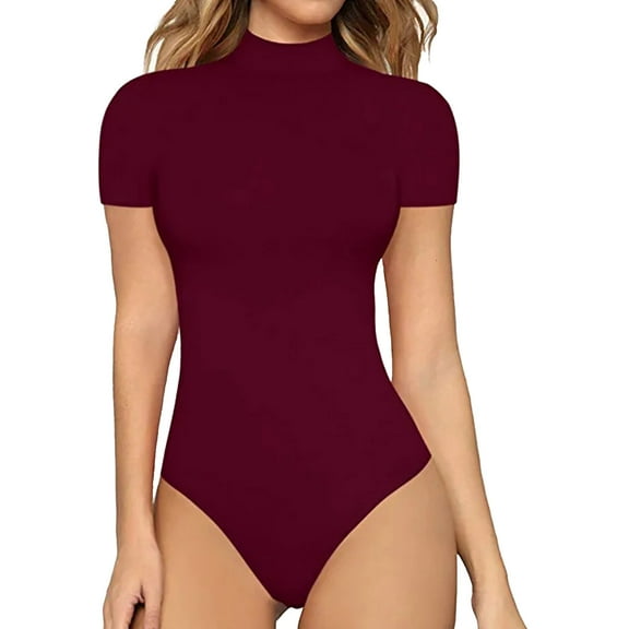 Jumpsuit Women Casual Sexy Soild Color Tight High Neck Short Sleeve Bodysuit,Red Women'S Polyester Jumpsuit S