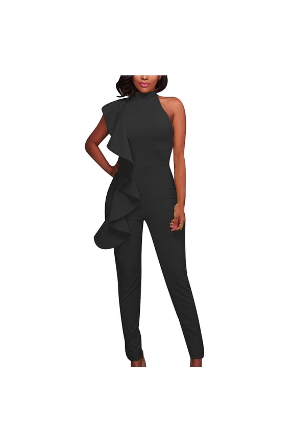 Jumpsuit for Women Cold Shoulder Rompers Ruffle Sleeveless Elegant Playsuit Halter Neck Jumpsuits Summer Overalls Slim Casual Petite Playsuits for Party Wedding Holiday