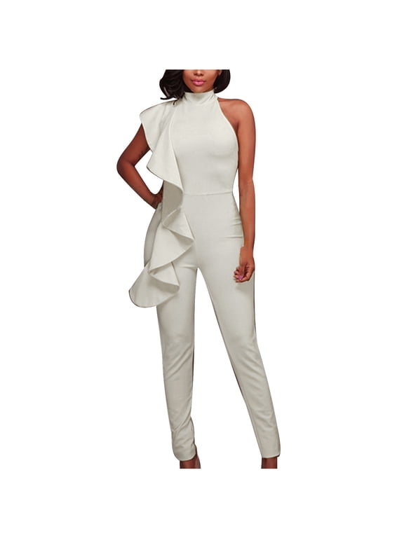 Jumpsuit for Women Cold Shoulder Rompers Ruffle Sleeveless Elegant Playsuit Halter Neck Jumpsuits Summer Overalls Slim Casual Petite Playsuits for Party Wedding Holiday