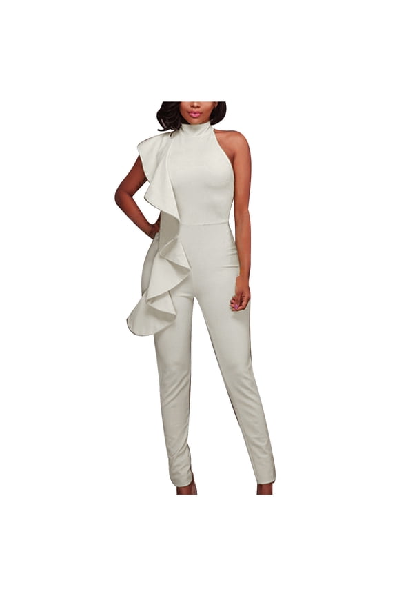 Jumpsuit for Women Cold Shoulder Rompers Ruffle Sleeveless Elegant Playsuit Halter Neck Jumpsuits Summer Overalls Slim Casual Petite Playsuits for Party Wedding Holiday