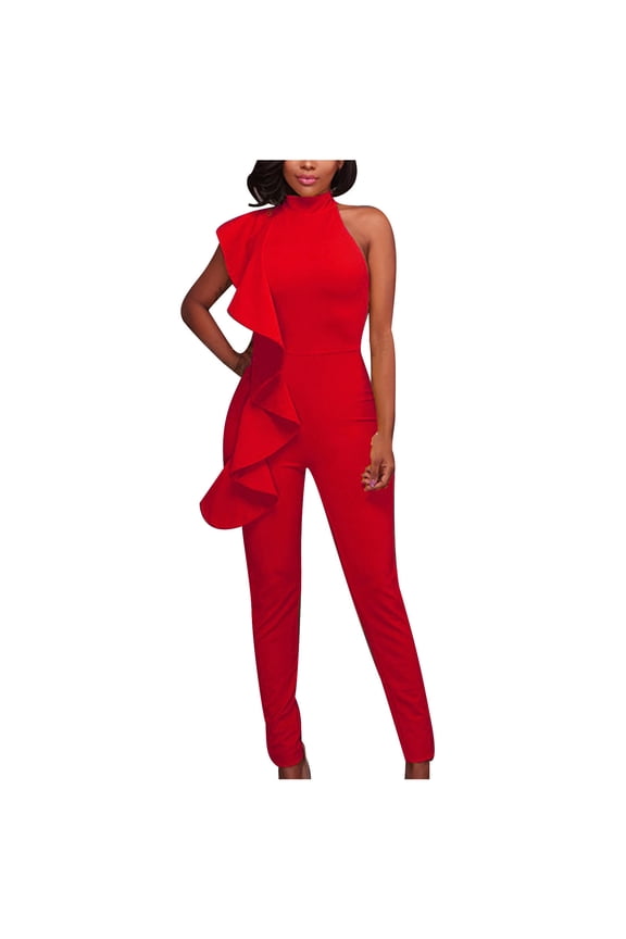Jumpsuit for Women Cold Shoulder Rompers Ruffle Sleeveless Elegant Playsuit Halter Neck Jumpsuits Summer Overalls Slim Casual Petite Playsuits for Party Wedding Holiday