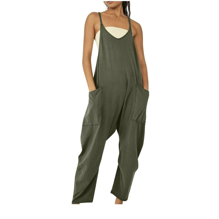 Jumpsuit for Women Dressy Casual Loose Sleeveless Spaghetti Strap Stretchy Wide Leg Basic Solid Color Long Pant Romper with Pockets 2024 Clearance