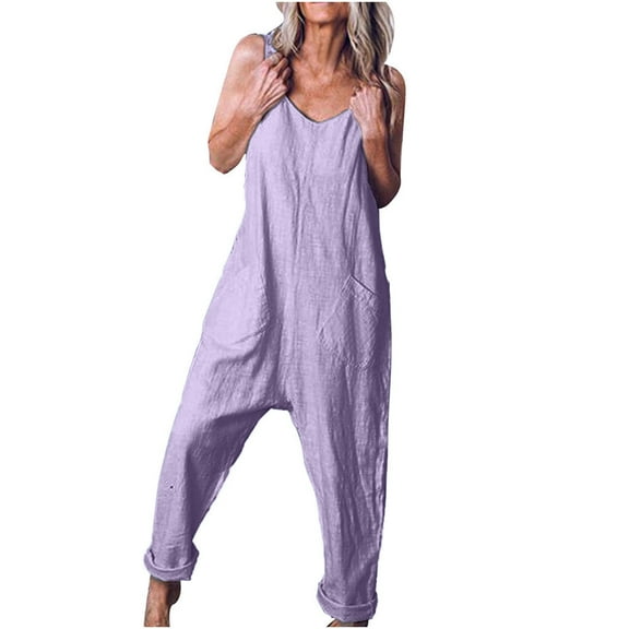 FAVIPT Womens Casual Rompers for Summer 2025 Fall Fashion Cotton Outfits Sleeveless Maternity Baggy Bib Jumpsuits with Pockets Purple,L