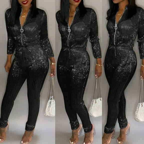 Jumpsuit Women Fashion Solid Siamese Pant Zipper Long Sleeved Turtleneck Jumpsuit,Black Women'S Polyester Jumpsuit L