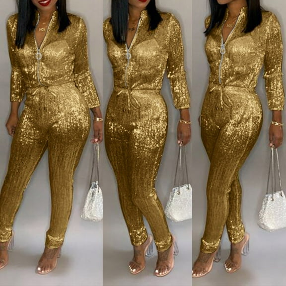 Jumpsuit Women Fashion Solid Siamese Pant Zipper Long Sleeved Turtleneck Jumpsuit,Yellow Women'S Polyester Jumpsuit M