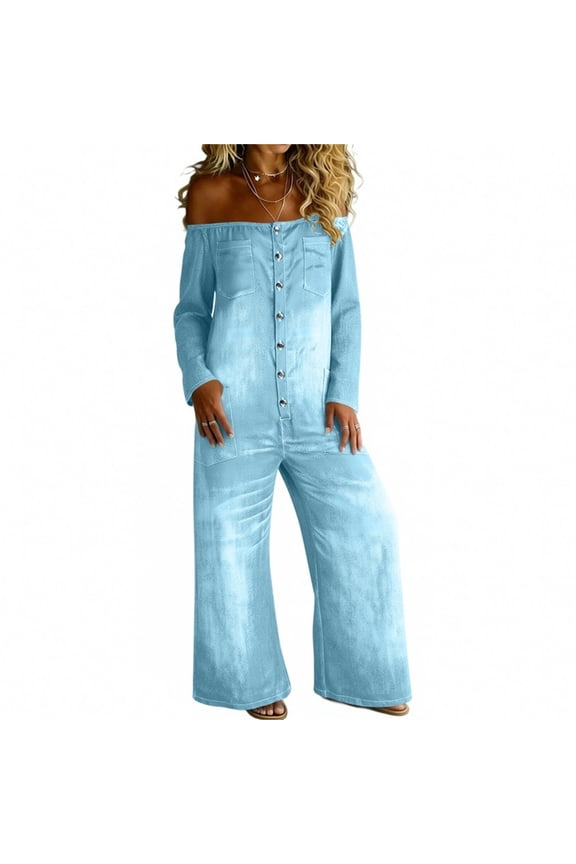 Jumpsuit For Women Long Sleeve Button Front Utility Pockets Casual Denim Look Home Lounge Style City Walk Ready Vacation Packing Pick Road Trip Casual All Day Comfort