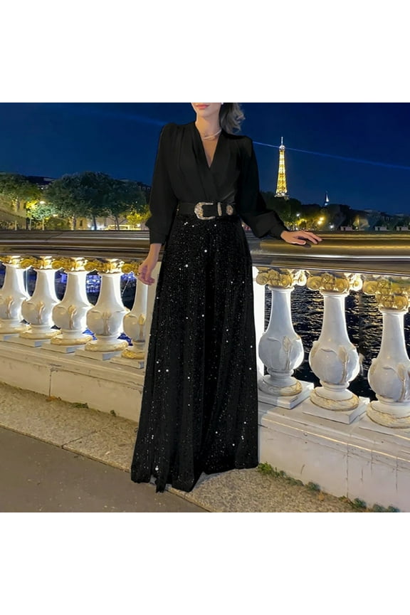 Jumpsuit Women Long Sleeve Sparkly Jumper V Neck Belted Wide Leg Pants Sets Evening Jumpsuit,Black Polyester Jumpsuit For Women L