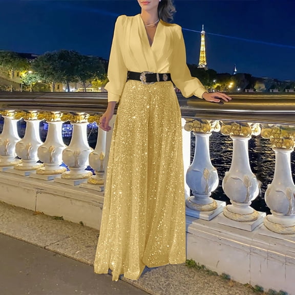 Jumpsuit Women Long Sleeve Sparkly Jumper V Neck Belted Wide Leg Pants Sets Evening Jumpsuit,Gold Polyester Jumpsuit For Women 3XL