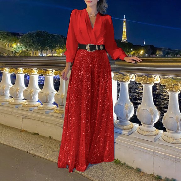 Jumpsuit Women Long Sleeve Sparkly Jumper V Neck Belted Wide Leg Pants Sets Evening Jumpsuit,Red Polyester Jumpsuit For Women 2XL
