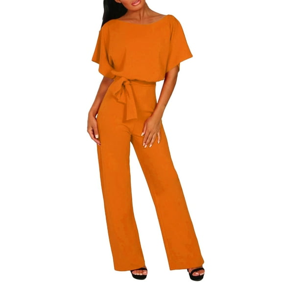 Jumpsuit Women'S Fashion Solid Color Lace Up Button Short Sleeved Jumpsuit,Orange Women'S Polyester Jumpsuit XL