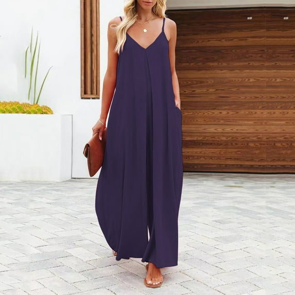 Jumpsuit Women'S High Waisted Wide Leg Loose Jumpsuit Casual Suspenders With Long Pants Zipper Jumpsuit,Purple Women'S Polyester Jumpsuit L
