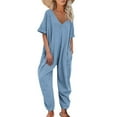 thumbnail image 1 of Jumpsuit Women Solid Color V Neck Jumpsuits Half Sleeve Long Rompers Beam Foot Baggy Overalls Pants,Blue Women'S Polyester Jumpsuit L, 1 of 7