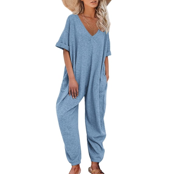 Jumpsuit Women Solid Color V Neck Jumpsuits Half Sleeve Long Rompers Beam Foot Baggy Overalls Pants,Blue Women'S Polyester Jumpsuit L