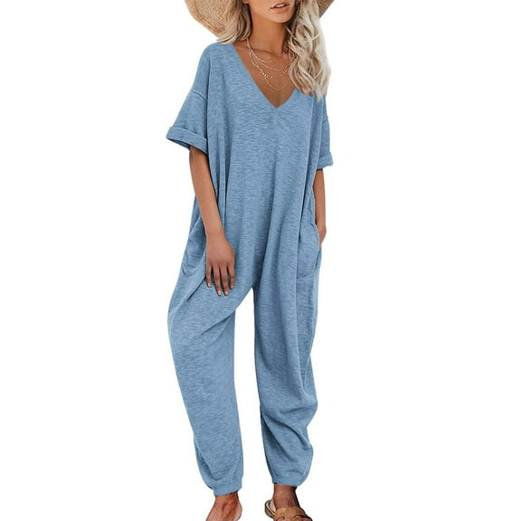 Jumpsuit Women Solid Color V Neck Jumpsuits Half Sleeve Long Rompers Beam Foot Baggy Overalls Pants,Blue Women'S Polyester Jumpsuit M