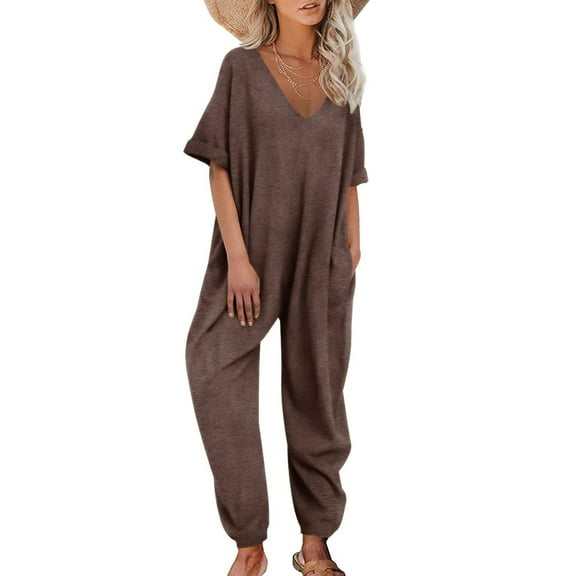 Jumpsuit Women Solid Color V Neck Jumpsuits Half Sleeve Long Rompers Beam Foot Baggy Overalls Pants,Brown Women'S Polyester Jumpsuit 2XL