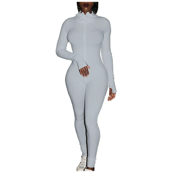 Jumpsuit Women Sport Yoga Workout Ribbed Zipper Long Sleeve Embroidery Sport Jumpsuits,Gray Women'S Polyester Jumpsuit S