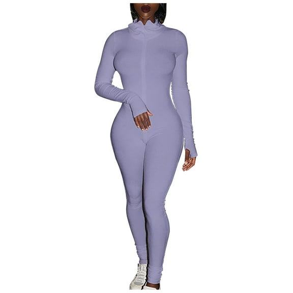 Jumpsuit Women Sport Yoga Workout Ribbed Zipper Long Sleeve Embroidery Sport Jumpsuits,Purple Women'S Polyester Jumpsuit M