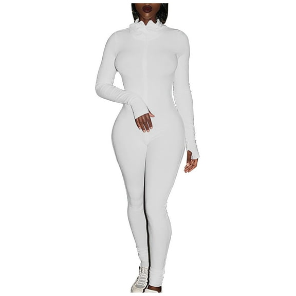 Jumpsuit Women Sport Yoga Workout Ribbed Zipper Long Sleeve Embroidery Sport Jumpsuits,White Women'S Polyester Jumpsuit M