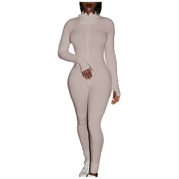 Jumpsuit Women Sport Yoga Workout Ribbed Zipper Long Sleeve Embroidery Sport Jumpsuits, Women'S Polyester Jumpsuit XL