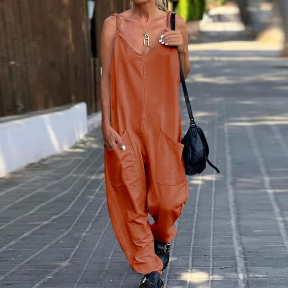 Jumpsuit Women Summer Casual Jumpsuits Spaghetti Strap V Neck Loose Romper With Pockets,Brown Women'S Polyester Jumpsuit 2XL