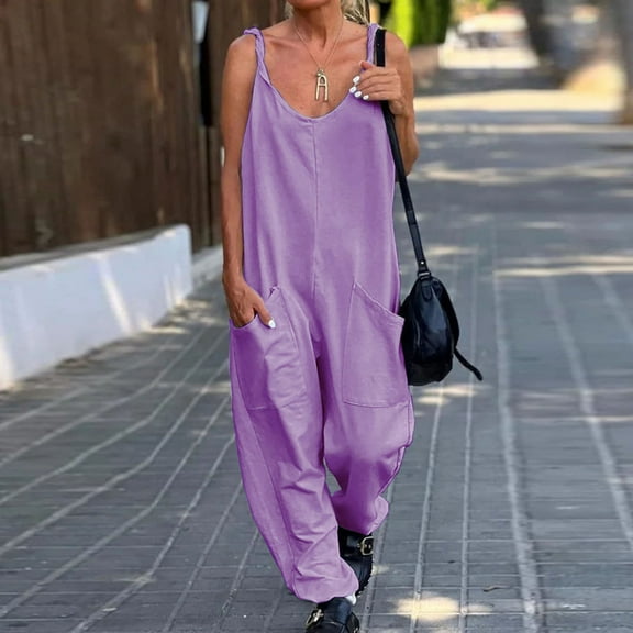 Jumpsuit Women Summer Casual Jumpsuits Spaghetti Strap V Neck Loose Romper With Pockets,Purple Women'S Polyester Jumpsuit XL
