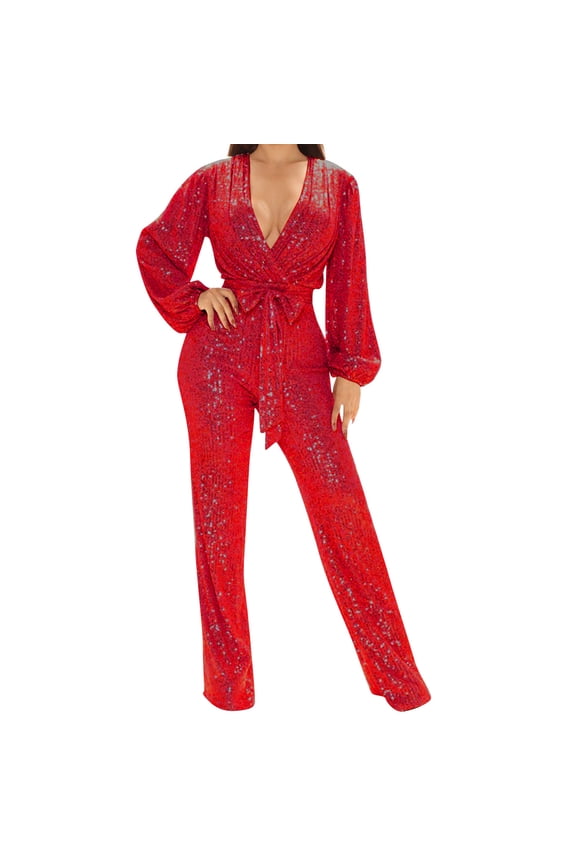 Jumpsuit for Women V Neck Lantern Sleeve Romper Sequin Glitter Playsuit Ladies Sparkle Wedding Party Clubbing Rompers High Waist Office Trousers Glitter Bling Clubwear