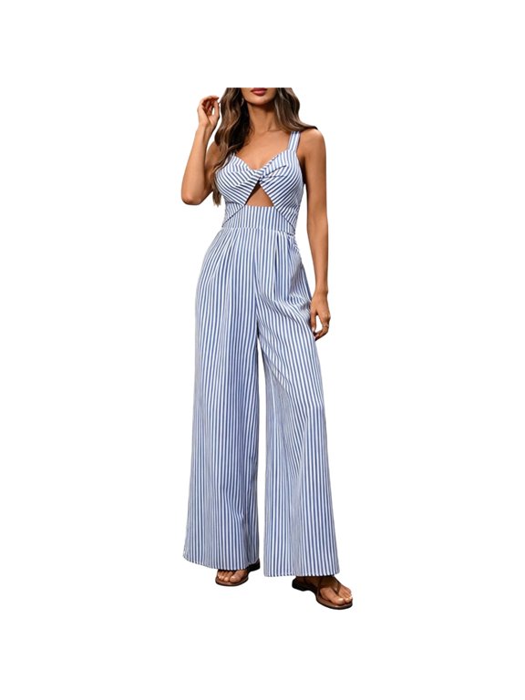 Jumpsuit For Women V Neck Sleeveless Striped Wide Leg Vacation Casual Travel Day Comfort Beach Plan Ready Weekend Shopping Look Morning Walk Casual All Day Comfort