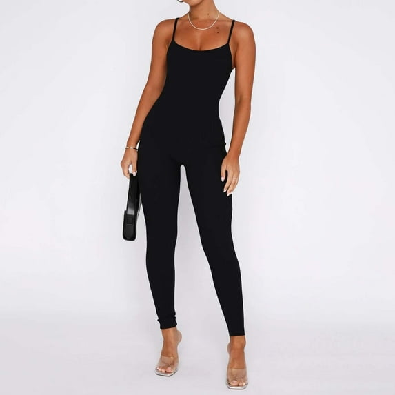 Jumpsuit Women Workout Seamless Jumpsuit Yoga Ribbed Bodycon Spaghetti Strap Leggings Romper,Black Women'S Polyester Jumpsuit XL