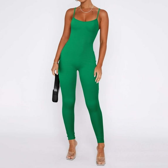 Jumpsuit Women Workout Seamless Jumpsuit Yoga Ribbed Bodycon Spaghetti Strap Leggings Romper,Green Women'S Polyester Jumpsuit 2XL