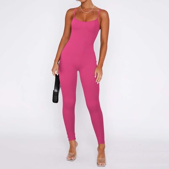 Jumpsuit Women Workout Seamless Jumpsuit Yoga Ribbed Bodycon Spaghetti Strap Leggings Romper,Pink Women'S Polyester Jumpsuit XL
