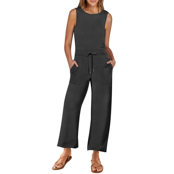 Jumpsuit Women's Casual Versatile Sleeveless Solid Color Commuting Nine Piece Jumpsuit Jumpsuits for Women Kagetolytai Black 2XL