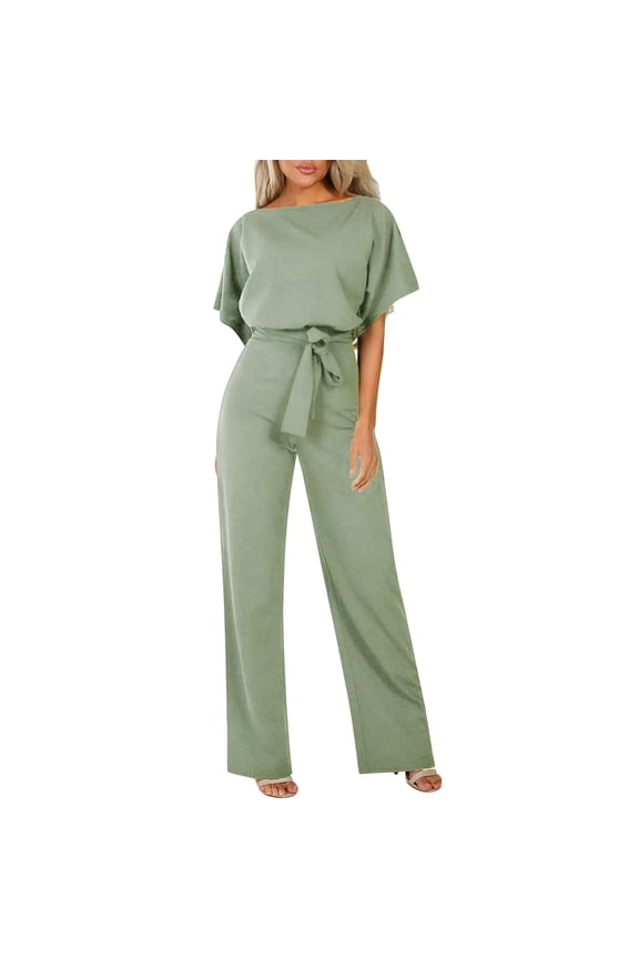Jumpsuit Women's Fashion Solid Color Lace Up Button Short Sleeved Jumpsuit Better Bodies Women Easter Women Casual Jumpsuits for with Sleeves Overall Rompers for Catsuit Turtleneck Green M