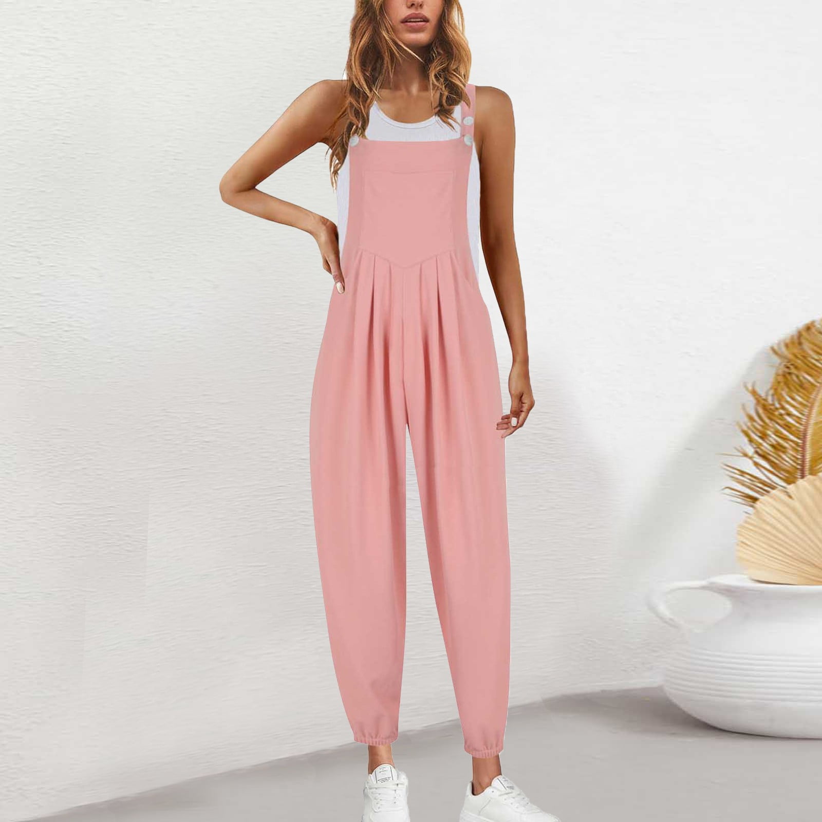 Jumpsuit Women s Spring Autumn Jumpsuits Adjustable Strap Vintage Solid Color Sleeveless Pants with Pockets Jumpsuits for Women Kagetolytai Coffee M Walmart
