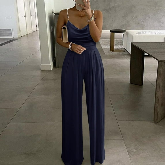 Jumpsuit Womens Casual Solid Color Two Pearl Strap Sweetheart V Neck High Waist Tube Jumpsuit Pants Summer Dressy Rompers Jumpsuit,Blue Women'S Polyester Jumpsuit L